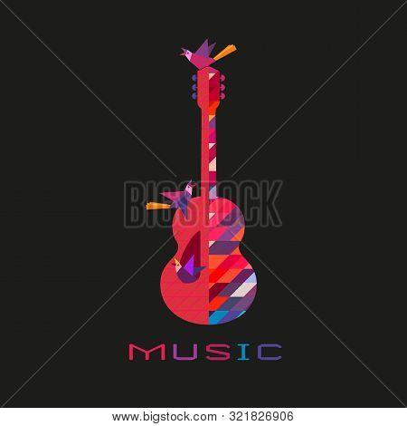 Acoustic Guitar Hand Drawn Flat Colorful Music Vector Icon. Classic Guitar Silhouette Design Element