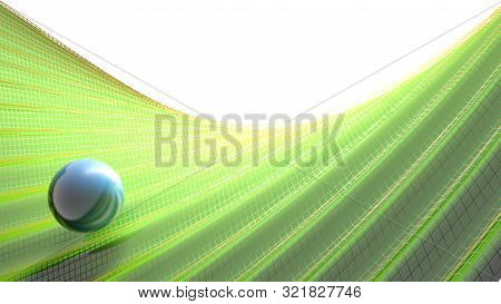 Blue Glossy Sphere Over A Green Waving Sufrace With Yellow Grid - 3d Rendering Illustration