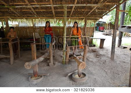 Kanchanaburi,thailand,09.09.2019: Two Beautiful Thai Girls In Traditional Thai, Siamese Dress Are Po