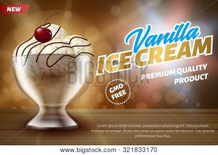 Realistic Banner Advertises Vanilla Ice Cream Balls With Cherry, Syrup Or Topping On Top. Premium Qu