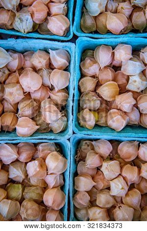 Baskets Of Harvested Ground Cherries Or Husk Berries At Local Organic Farmers Market