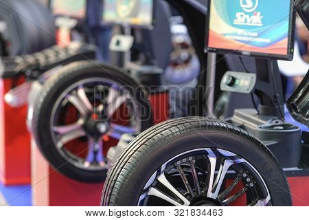 Mosocw, Russia - September, 6, 2019: the image of a tyre repair machine in a car repair station in Mosocw, Russia