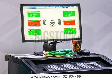 Mosocw, Russia - September, 6, 2019: display of a tyre repair machine in a car repair station in Mosocw, Russia