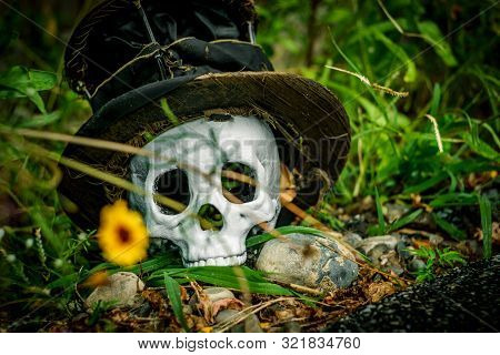 Scary Jawless Halloween Skull Wearing Old Distressed Top Hat