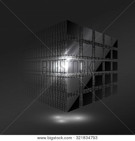 Dark Black Cube From Small Pieces. Block Chain Concept. Big Data. Computer Data Storage. Technology 