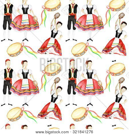 Seamless Pattern Dancers In National Costume An Italian Tarantella With A Tambourine On White Backgr