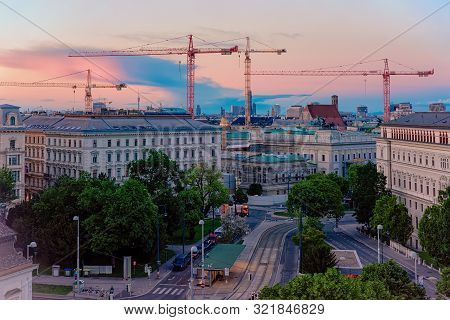 Skyline And Cityscape On Museumstrasse In Vienna Sunset