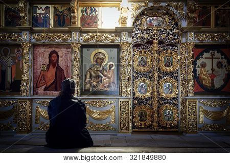 Sviyazhsk, Russia - August 20, 2019. Prist Praying In The Assumption Cathedral Of 16th Century, Loca