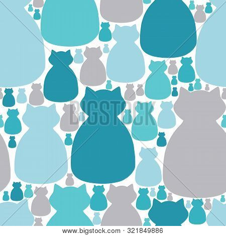 Blue Gray Fun Cat Silhouette Seamless Vector Pattern
