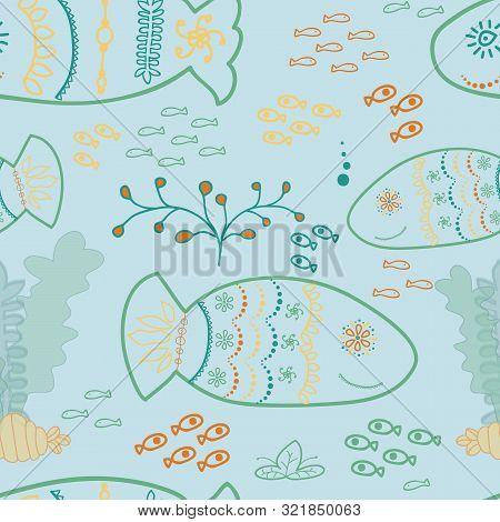 Underwater Doodle Fish Schools Seamless Vector Pattern