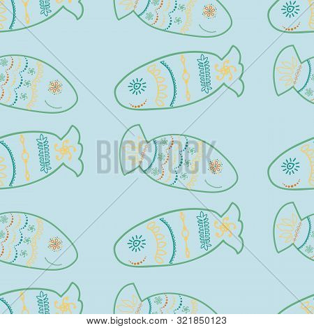 Smiling Doodle Fish Rows Seamless Vector Pattern