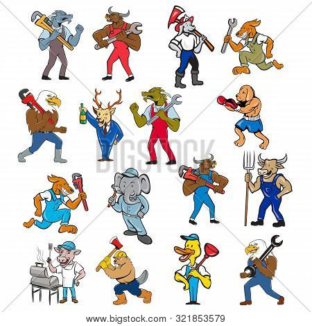 Set Or Collection Of Cartoon Character Mascot Style Illustration Of Different Animals Like Bull, Dog