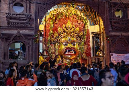Mask Of Swet Bhairav Put On Display During Indra Jatra Festival In Kathmandu, Nepal