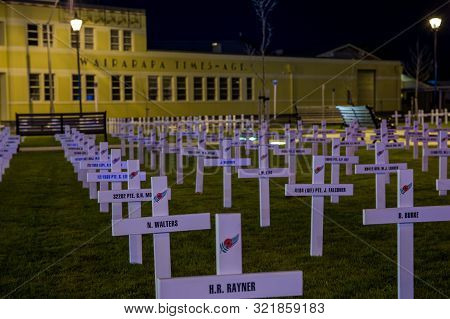 Town Hall, Masterton  / New Zealand - April 19, 2016 Remembrance Crosses On The Lawn Ready For The A