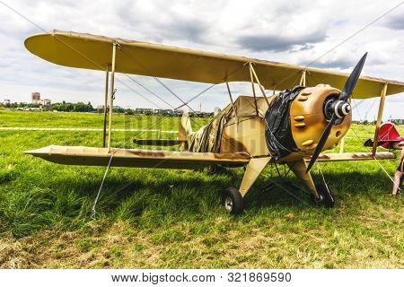KALININGRAD, Russia - August 18, 2019: 100 Anniversary First European Airport Devau Fest, Ultra Light Propeller Screw Plane Ready for Flight