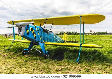 KALININGRAD, Russia - August 18, 2019: 100 Anniversary First European Airport Devau Fest, Ultra Light Propeller Screw Plane Ready for Flight