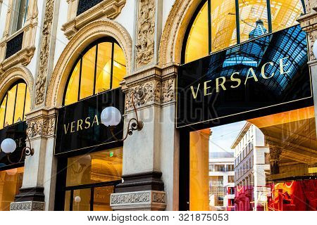 Milan, Italy, 20 December 2018: Shop Windows Of The Versace Luxury Boutique Store In Milan. Versace 