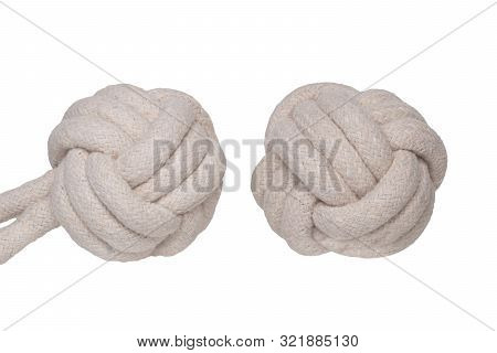Rope Isolated. Close-up Of Two Rope Knote Balls. Macro. Knoted Rope Dog Toy.