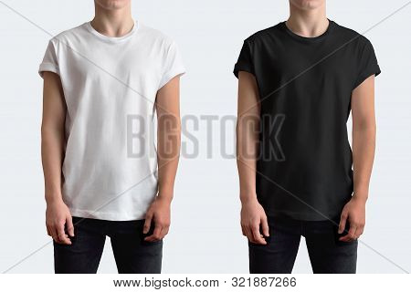 Mockup White And Black T-shirt With Rolled Up Sleeves.