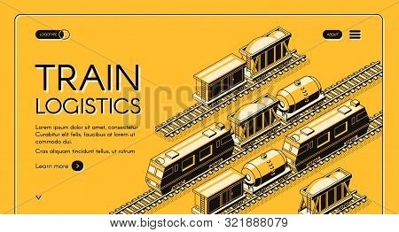 Train Logistics Service Isometric Web Banner. Locomotive Pulling Freight Train With Goods Wagon, Tan