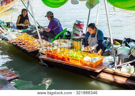 Amphawa Food Sale On Wooden Boat Traditional Mae Klong Canals River Market And Side Village Beautifu