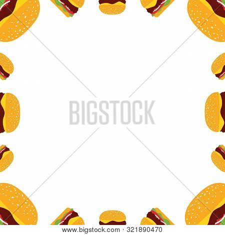 Vector Frame, Card Template With Cartoon Cheeseburgers, Burgers For Fast Food, Delievery Design.