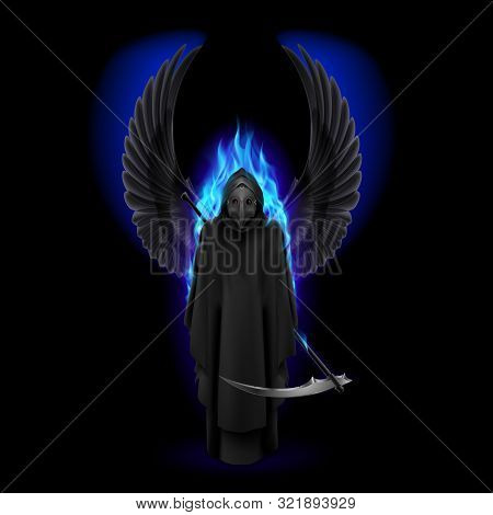 Plague Doctor With Wings And Blue Flame On Black. Medieval Death Symbol Plague Doctor Mask For Web, 