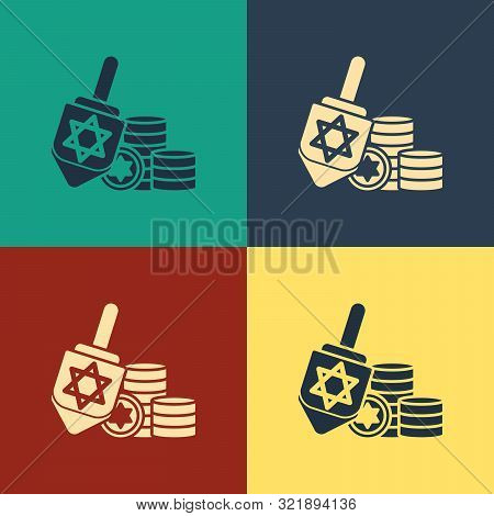 Color Hanukkah Dreidel And Coin Icon Isolated On Color Background. Vintage Style Drawing. Vector Ill