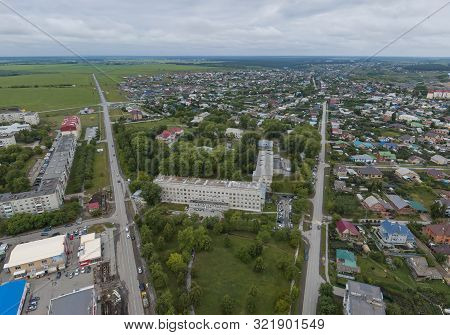 Hospital In Sukhoy Log City. Aerial, Summer, Cloudy Day