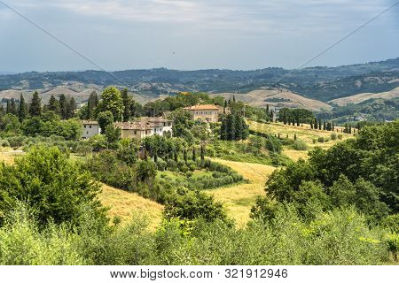 Rural Landscape Along The Road From Certaldo To Gambassi Terme, Florence, Tuscany, Italy, At Summer