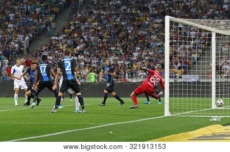 Kyiv, Ukraine - August 13, 2019: Vitaliy Buyalskiy Of Dynamo Kyiv (l) Scores A Goal During The Uefa 