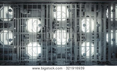 Wide-angle View From The Bottom Of A High Ceiling Of A Modern Office Hall Or A Shopping Mall Or A Tr