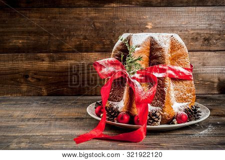 Traditional Italian Christmas Fruit Cake Panettone Pandoro With Festive Red Ribbon And Christmas Dec