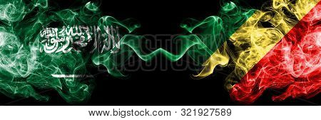 Saudi Arabia Kingdom Vs Congo, Congolese Smoky Mystic Flags Placed Side By Side. Thick Colored Silky