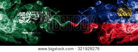Saudi Arabia Kingdom Vs Liechtenstein, Liechtensteins Smoky Mystic Flags Placed Side By Side. Thick 