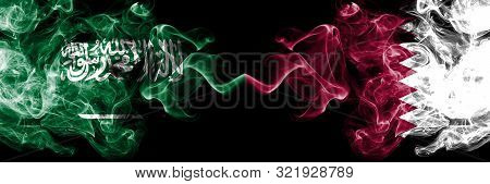 Saudi Arabia Kingdom Vs Qatar, Qatari Smoky Mystic Flags Placed Side By Side. Thick Colored Silky Sm