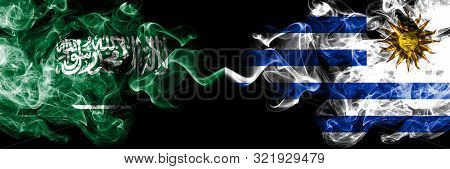 Saudi Arabia Kingdom Vs Uruguay, Uruguayan Smoky Mystic Flags Placed Side By Side. Thick Colored Sil