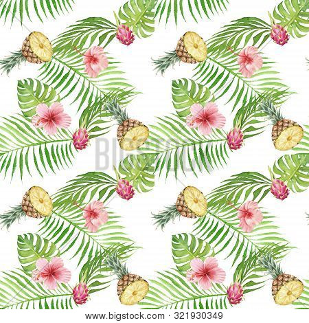 Seamless Hand Drawn Watercolor Tropical Pattern. Exotic Fruits, Palm Leaves And Hibiscus Flower On W