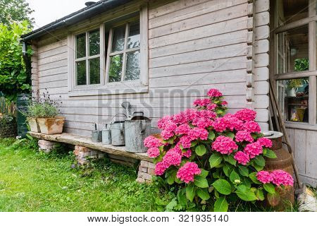 Exterior Of The Garden Shed With Display Of Vintage Zinc Wateringcans On Low Shelf Of Piled Briks An