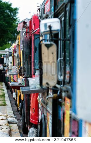 Washington Dc, Usa - June 9, 2019:  Parked And Lined Up Street Food Trucks In Washington Dc. Selecti