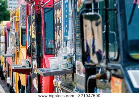 Washington Dc, Usa - June 9, 2019:  Parked And Lined Up Street Food Trucks In Washington Dc. Selecti