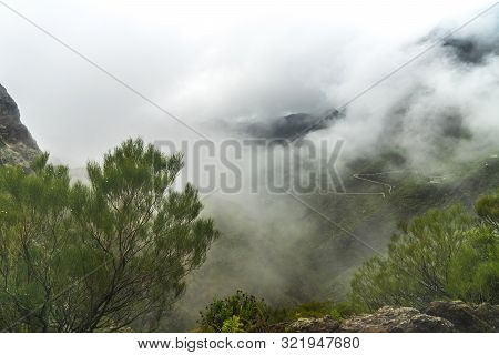 Fog Over Mask Gorge. A Charming View From The Point Of View Of The Maska Village. Huge Rocks And Gor