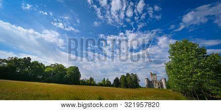 Aerial View Of Ancient Fortified Castle Of Chateau De Roquetaillade In Sunny Summer Day, Mazeres, Fr