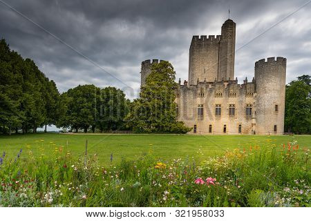 Aerial View Of Ancient Fortified Castle Of Chateau De Roquetaillade In Sunny Summer Day, Mazeres, Fr