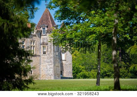 Aerial View Of Ancient Fortified Castle Of Chateau De Cazeneuve, Prechac, Bordeaux Region, France