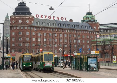 Helsinki, Finland- 28 February 2015: Traffic On Siltasaarenkatu Street, Center Capital Town. Modern 