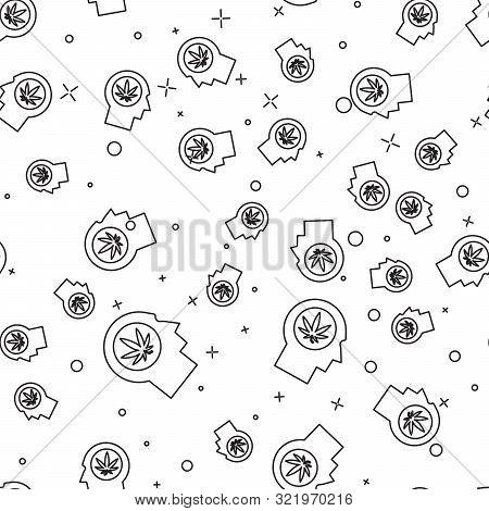 Black Line Silhouette Of Male Head In Profile With Marijuana Or Cannabis Leaf Icon Isolated Seamless