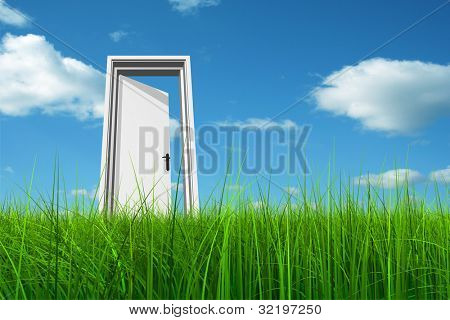 Hacer una apertura de alta resolución verdes, frescos y naturales 3d conceptual hierba sobre un fondo de cielo azul,
