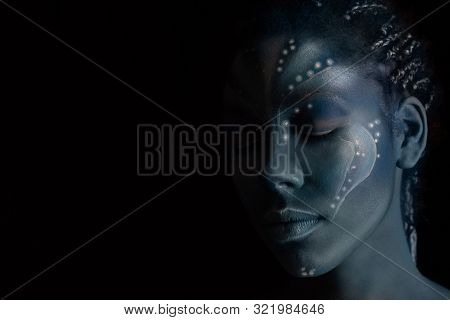 Art Photo Of Africal Woman With Tribal Ethnic Paintings In Avatar Style