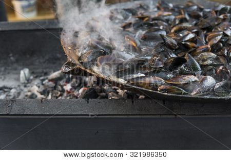 Fresh Mussels At Grill Pan. Seafood Barbecue Outdoors. Picnic Healthy Food, Mussels In Shells. Plent